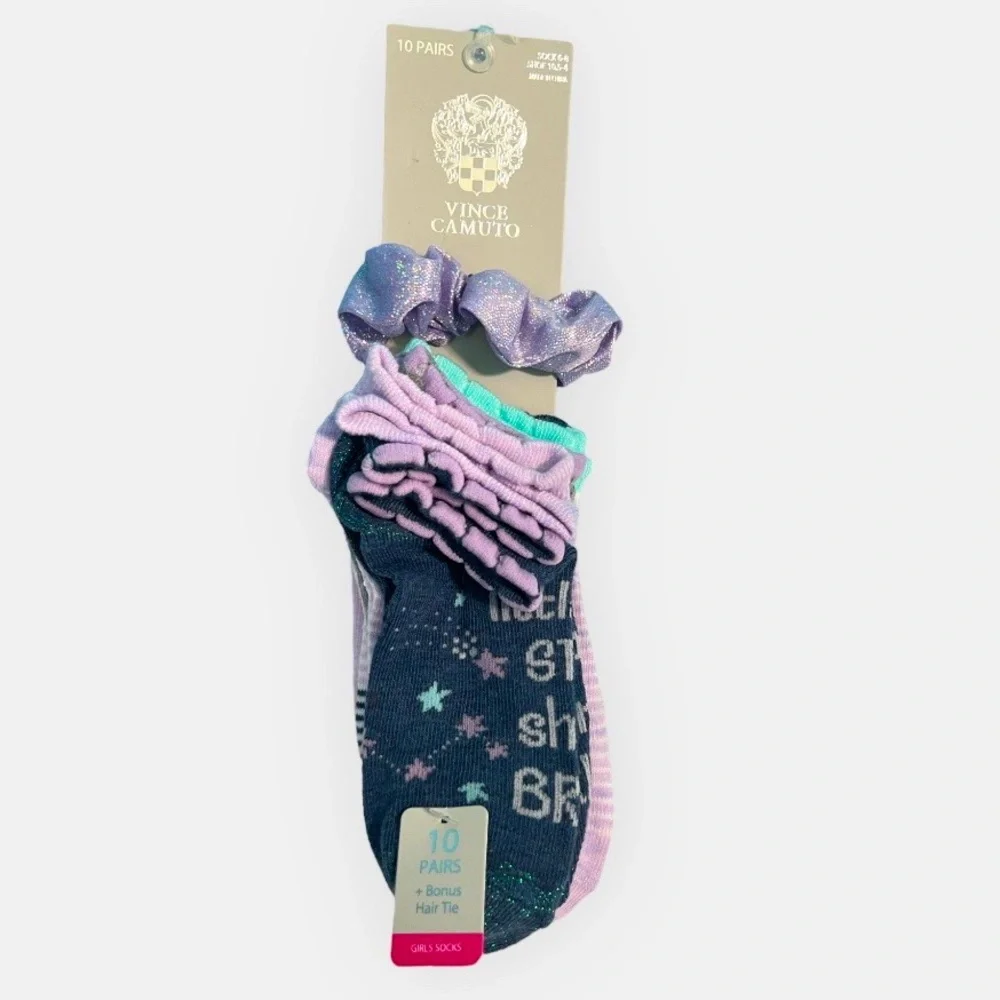Vince Camuto 10 Pairs Girls Socks and Purple Hair Tie